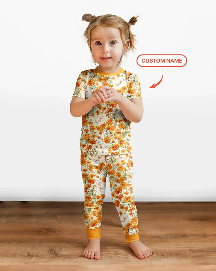 Custom Name Birth Month Flowers Bamboo Two Piece Short Sleeve Pajama Set