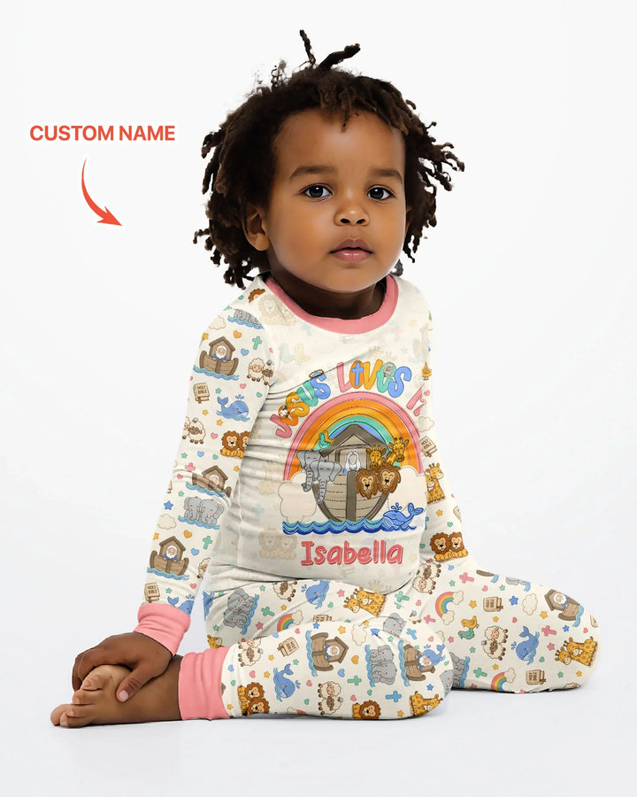 Custom Name Noah's Ark Jesus Loves Me Bamboo Two Piece Long Sleeve Pajama Set