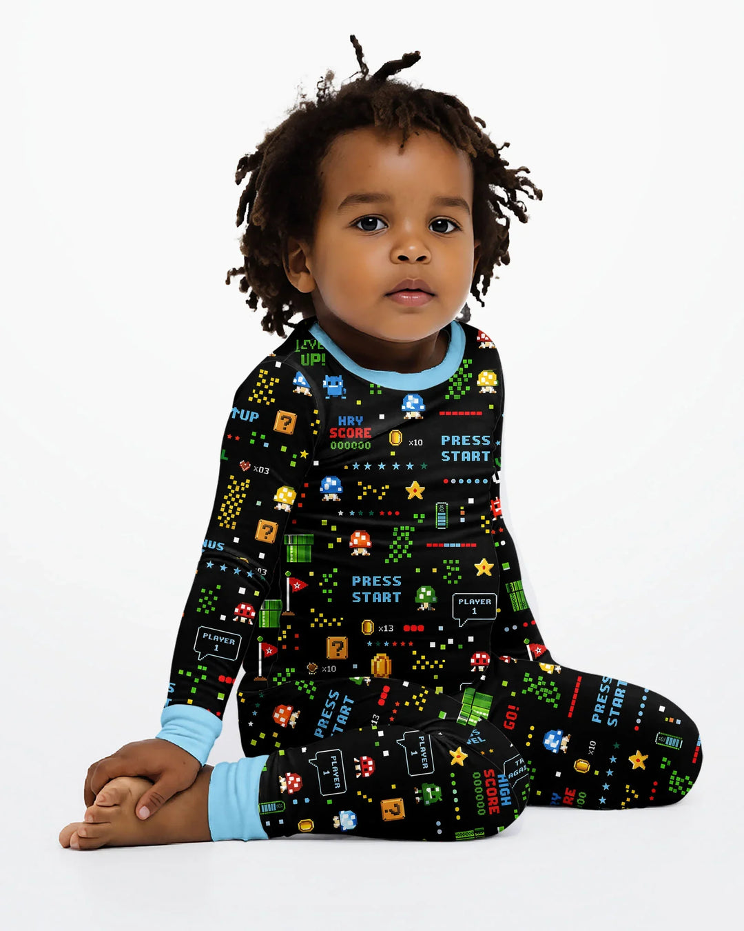 Pijama de dos piezas de manga larga de bambú con motivos de amantes de los videojuegos Pixel