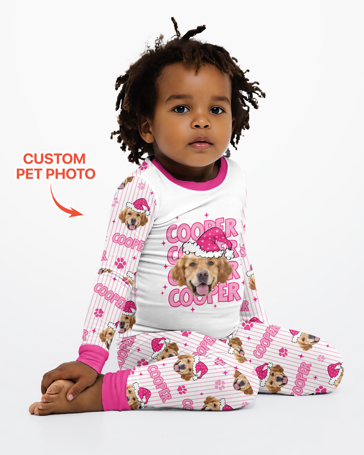 Personalized Pink Santa Dog Bamboo Two Piece Long Sleeve Pajama Set