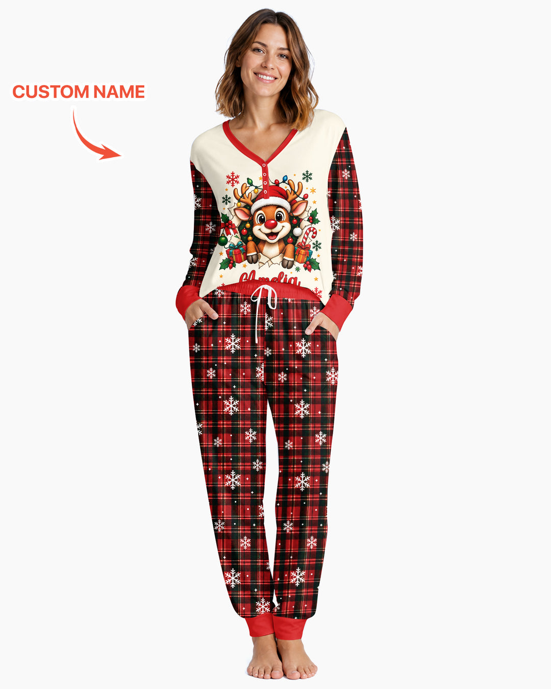 Cute Reindeer in Santa Hat Bamboo Women Pajama Set
