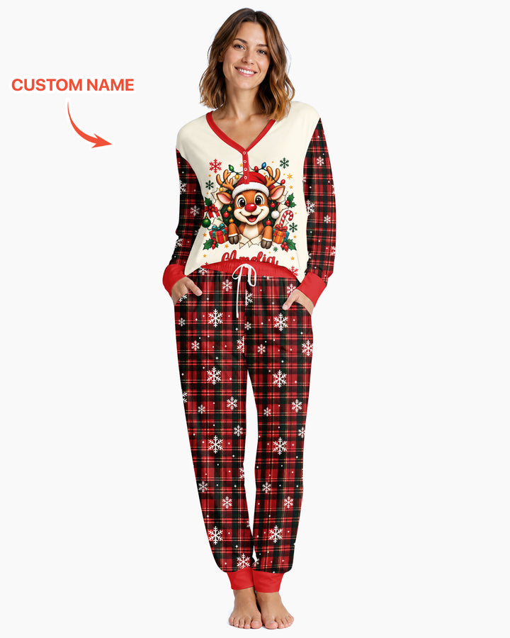 Cute Reindeer in Santa Hat Bamboo Women Pajama Set