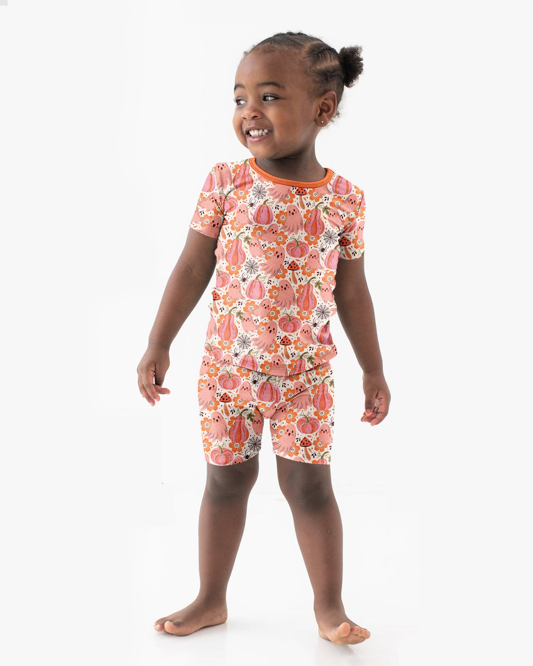Pink Ghost Pumpkin Fall Floral Halloween Bamboo Two Piece Short Sleeve Shorts Pajama Set