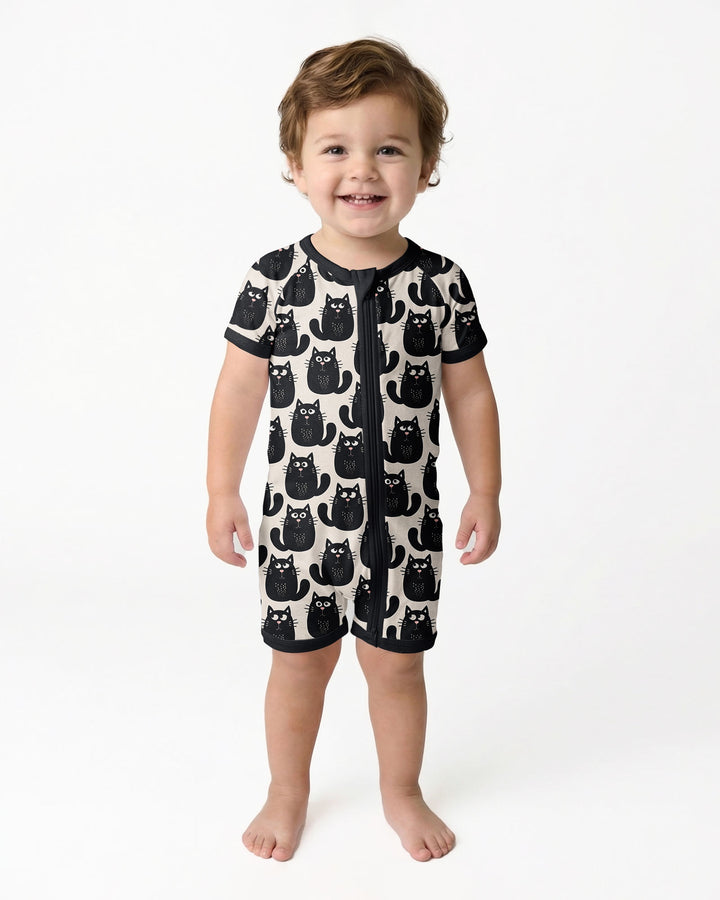 Moody Black Cats in Black and White Bamboo Shorty Zippy