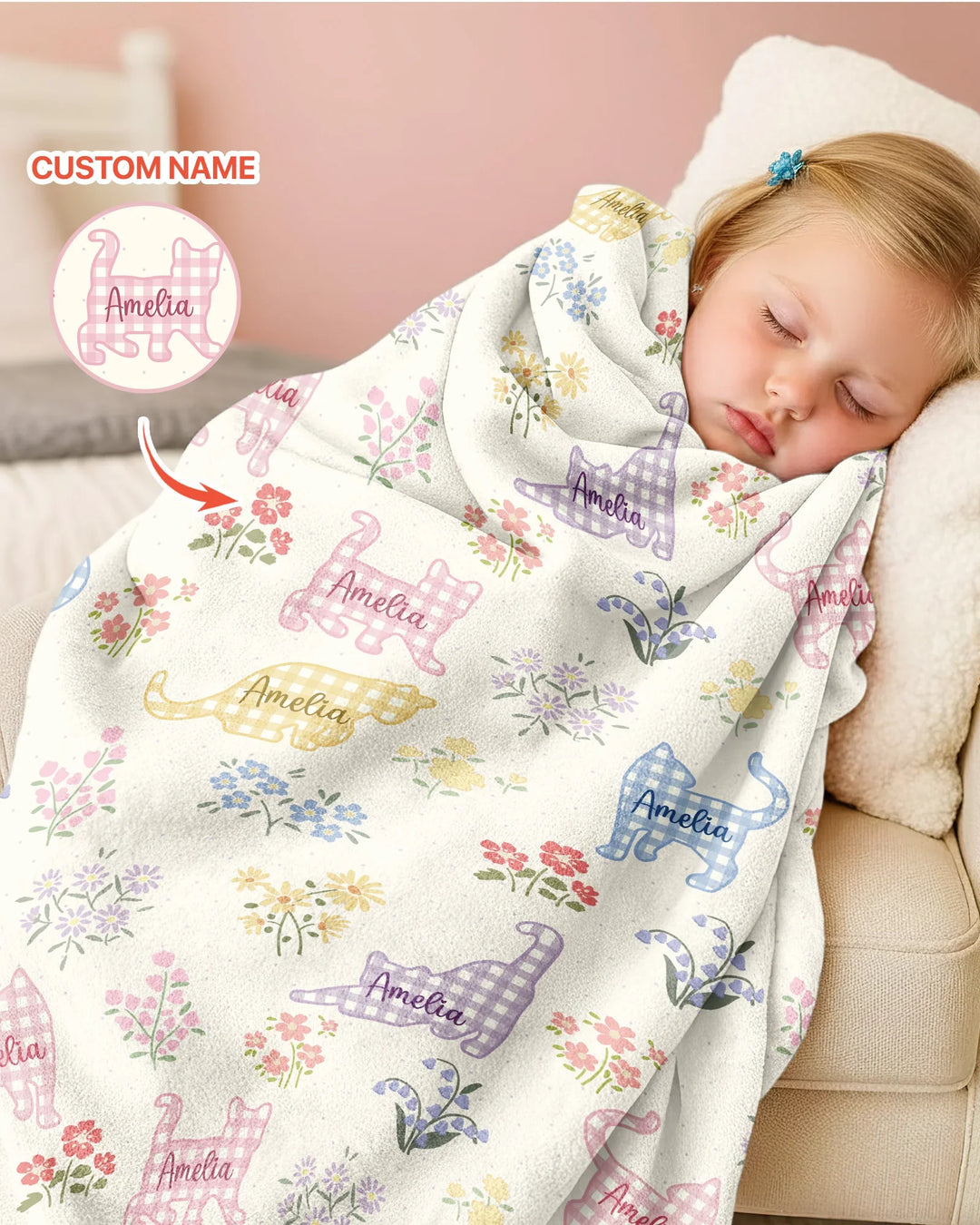 Manta de bambú Gingham Cats con nombre personalizado