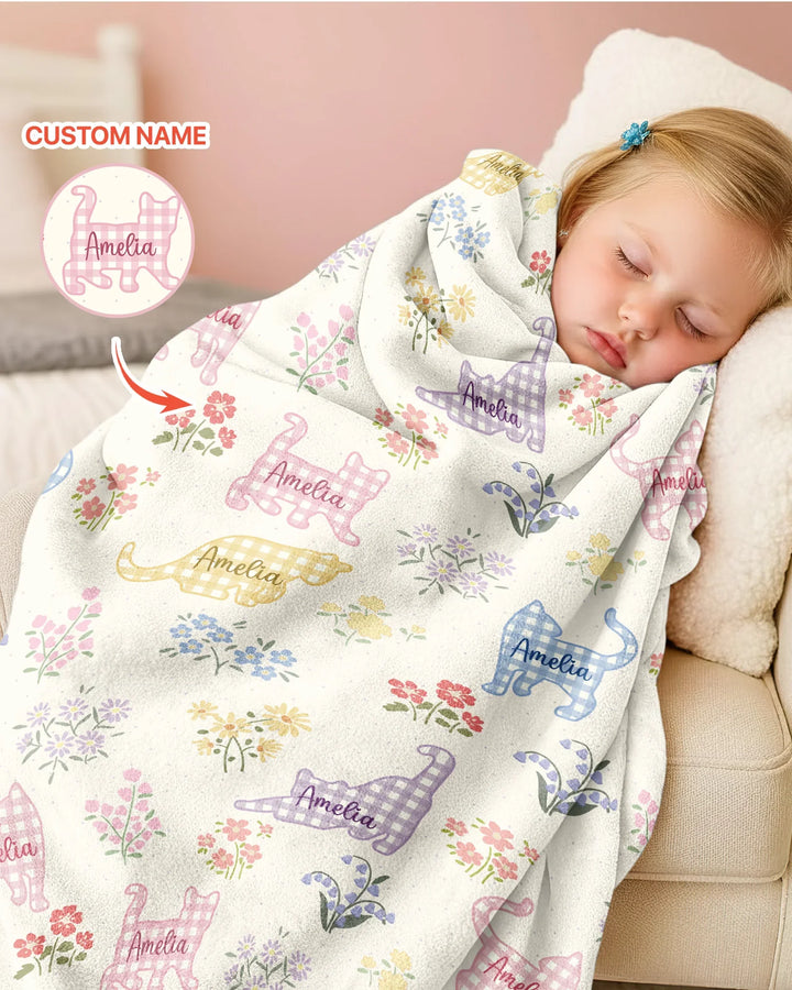 Manta de bambú Gingham Cats con nombre personalizado