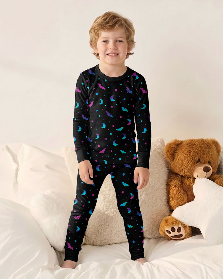 Neon Bats & Moons Night Bamboo Two Piece Long Sleeve Pajama Set