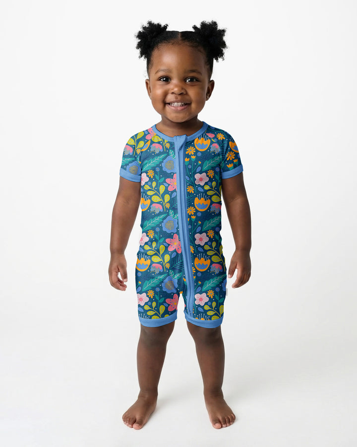 Folk Floral Bamboo Shorty Zippered Romper