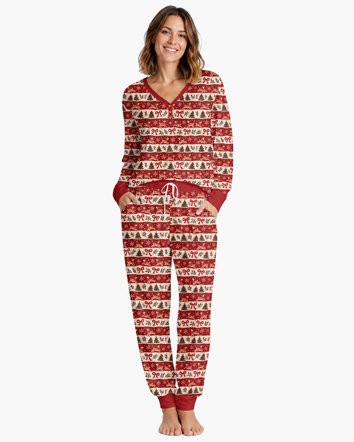 Vintage Reindeer Christmas Stripes Bamboo Women Pajama Set