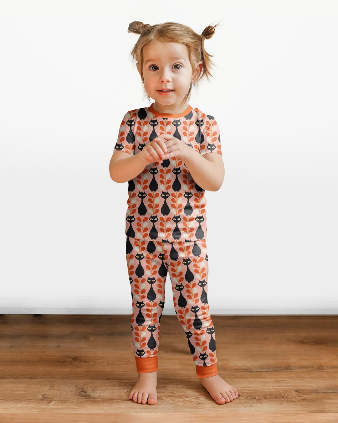 Retro Black Cat Garden Bamboo Two Piece Short Sleeve Pajama Set
