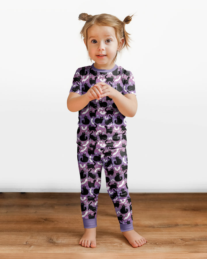 Spooky Black Cat Halloween Purple Bats Bamboo Two Piece Short Sleeve Pajama Set