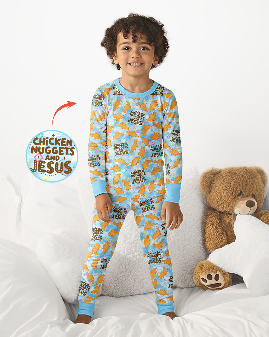 Chicken Nuggets and Jesus Family Matching Bamboo Two Piece Long Sleeve Pajama Set