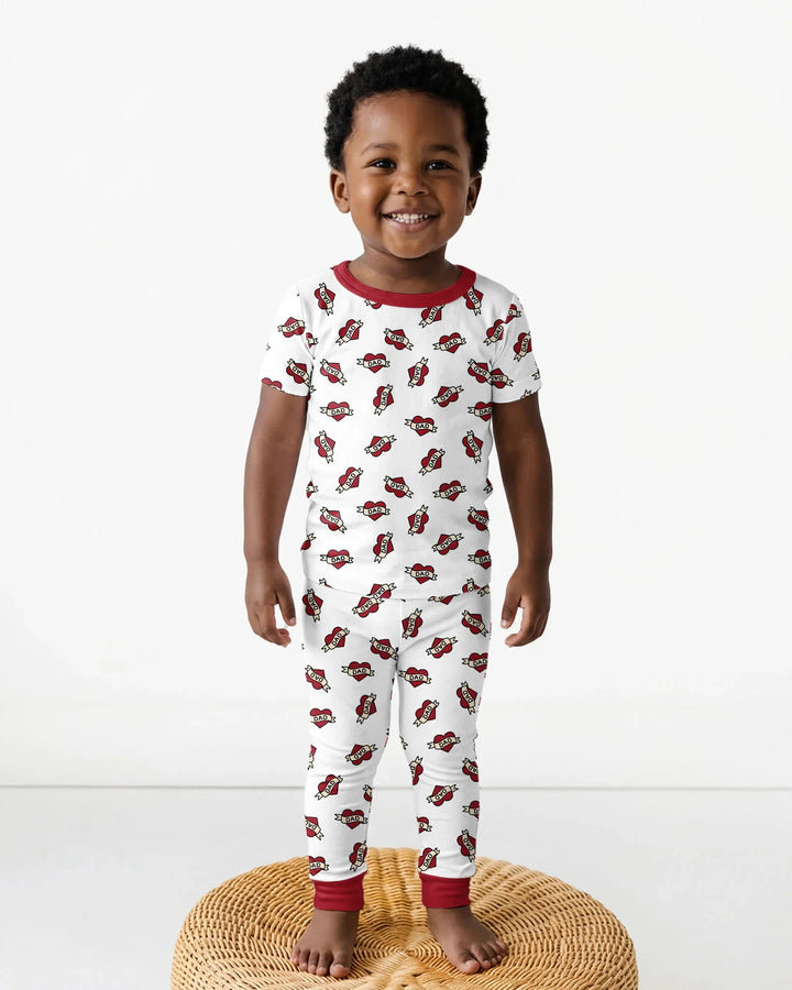 Old School Dad Hearts Daddy & Me Matching Bamboo Two Piece Short Sleeve Pajama Set