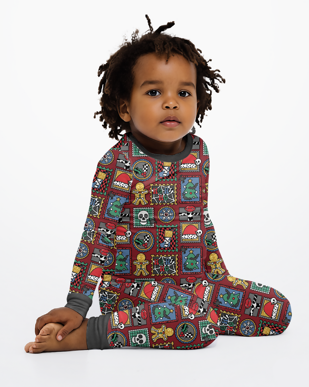 Retro Spooky Christmas Stamp Bamboo Two Piece Long Sleeve Pajama Set