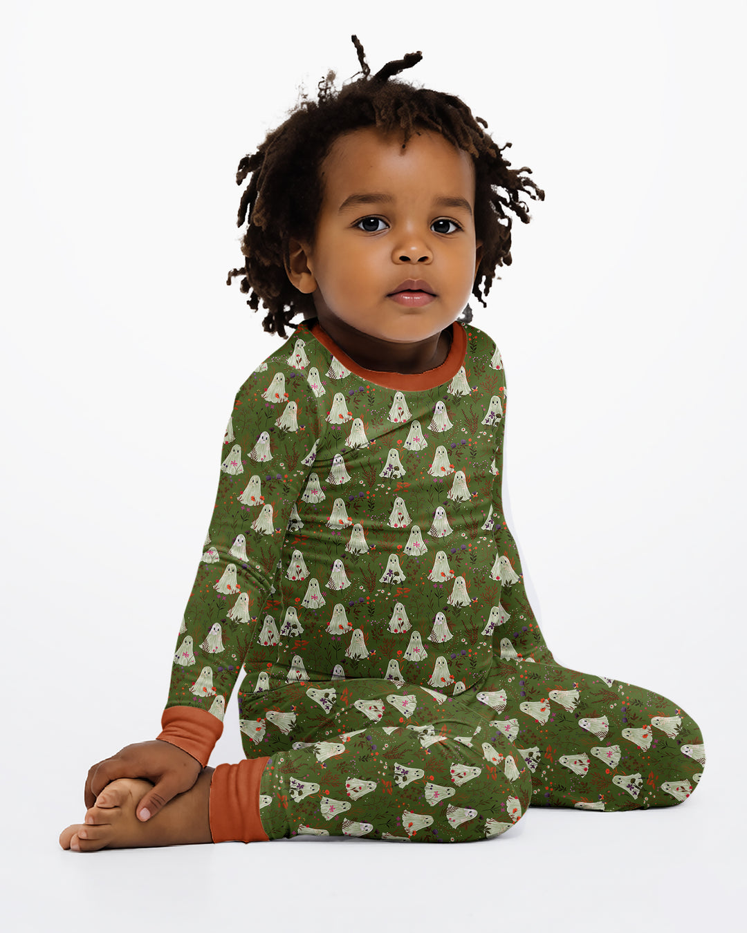 Cute Ghost Halloween Moss Green Floral Bamboo Two Piece Long Sleeve Pajama Set