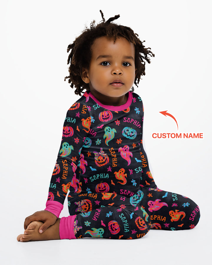 Custom Name Preppy Neon Pumpkin Bamboo Two Piece Long Sleeve Pajama Set