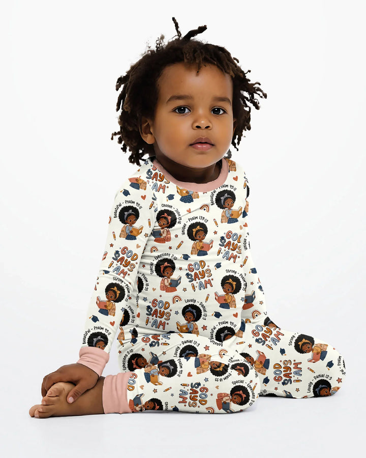 God Says I Am Cute Learning Afro Girl  Bamboo Two Piece Long Sleeve Pajama Set