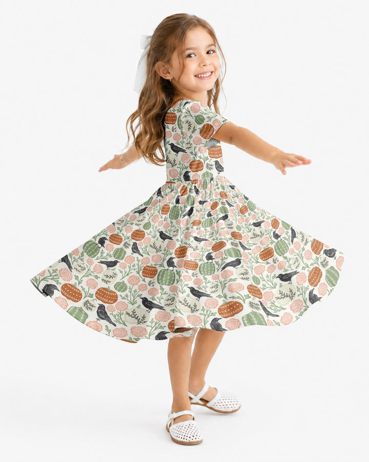 Country Crows with Mums and Pumpkins Bamboo Twirl Dress