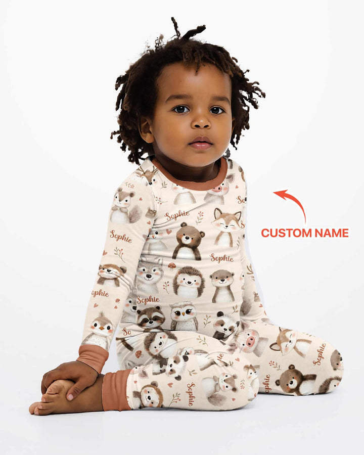 Custom Name Watercolor Woodland Bamboo Two Piece Long Sleeve Pajama Set