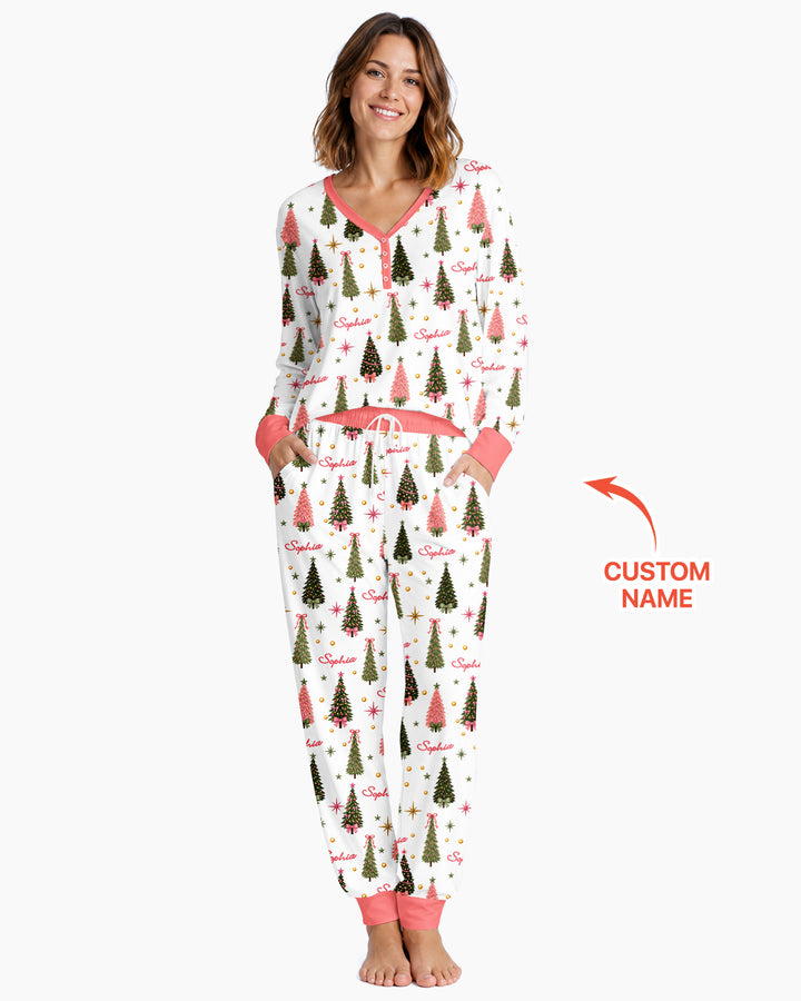 Custom Name Merry Christmas Tree Bamboo Women Pajama Set
