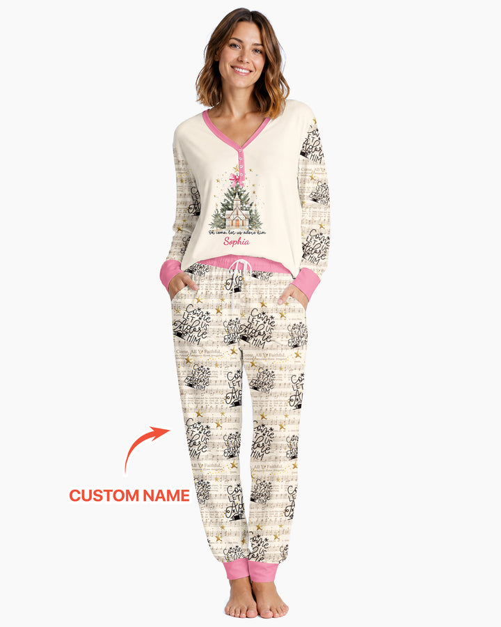 Oh Come Let Us Adore Him Custom Name Mommy And Me Matching Bamboo Women Pajama Set