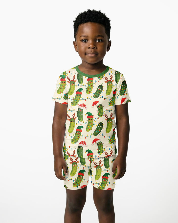 Cheerful Christmas Pickle Bamboo Two Piece Short Sleeve Shorts Pajama Set