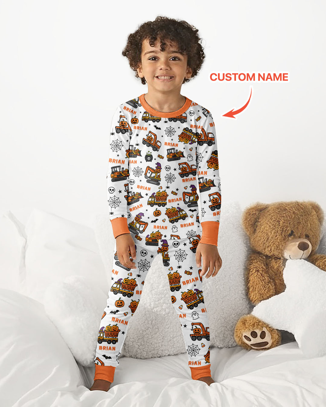 Custom Name Halloween Construction Trucks Bamboo Two Piece Long Sleeve Pajama Set