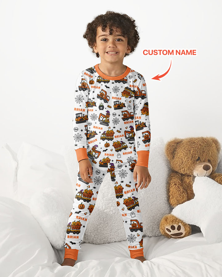 Custom Name Halloween Construction Trucks Bamboo Two Piece Long Sleeve Pajama Set