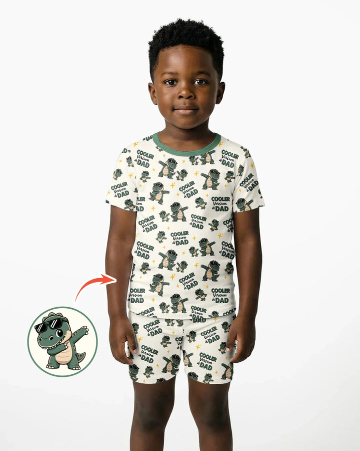 Genial conjunto de pijama de dos piezas de bambú de manga corta y pantalón corto a juego para papá y yo con diseño de dinosaurio.