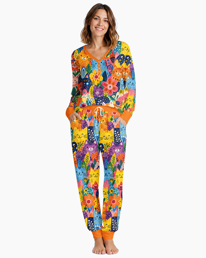 Colorful Lovely Cat Bamboo Women Pajama Set