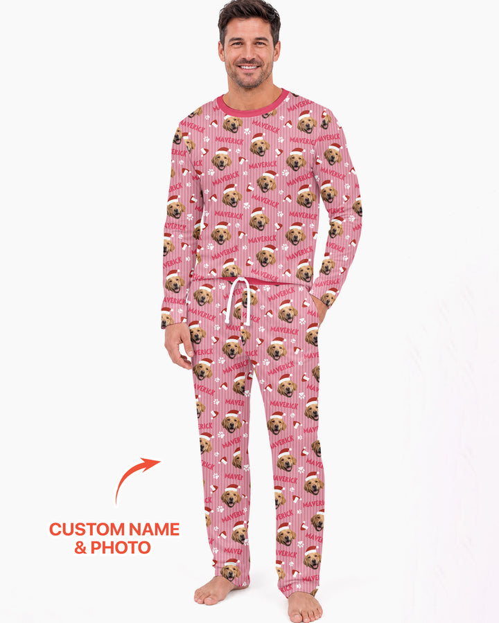 Custom Pet Photo Christmas Paws Stripe Bamboo Men's Pajama Set
