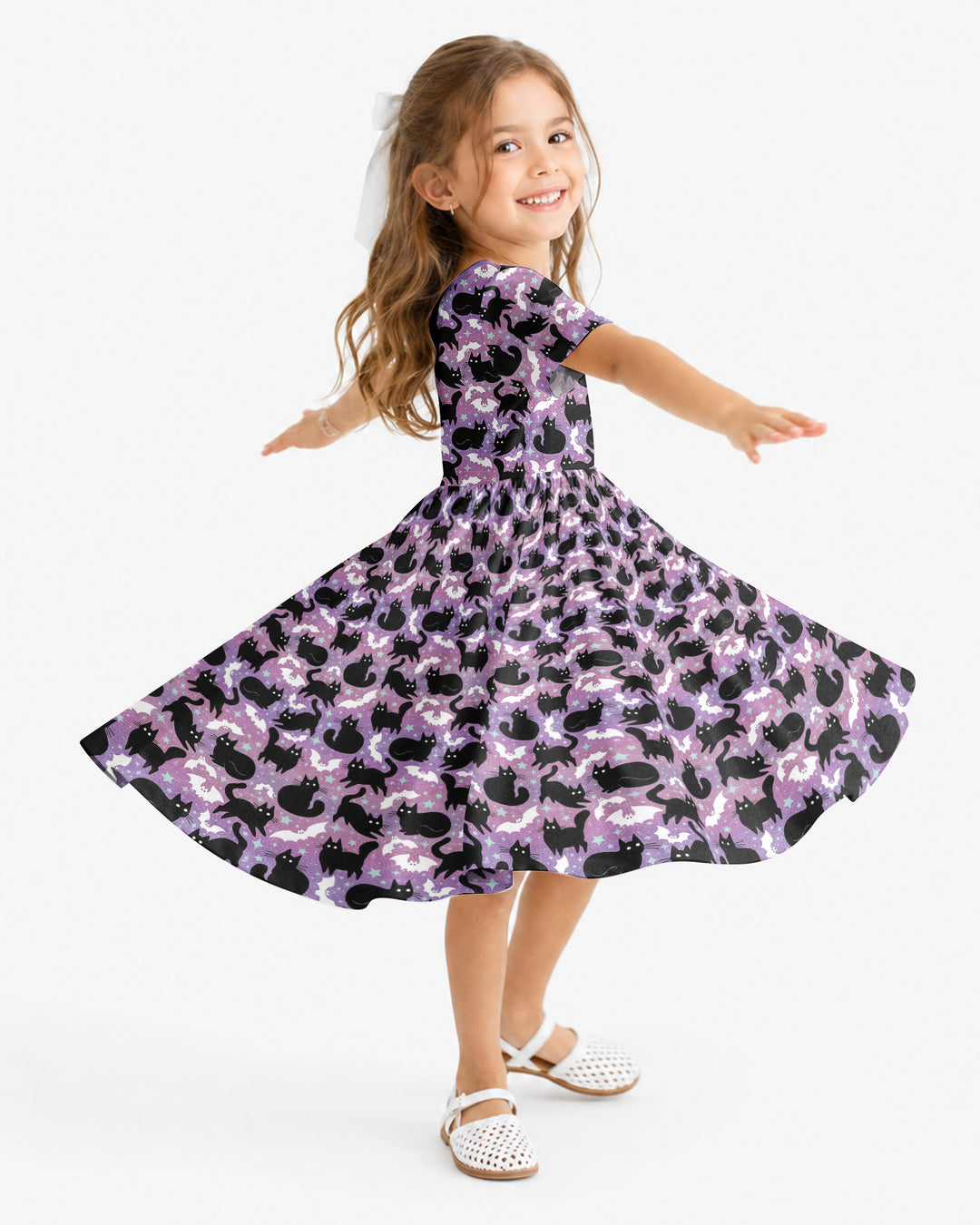 Spooky Black Cat Halloween Purple Bats Bamboo Twirl Dress