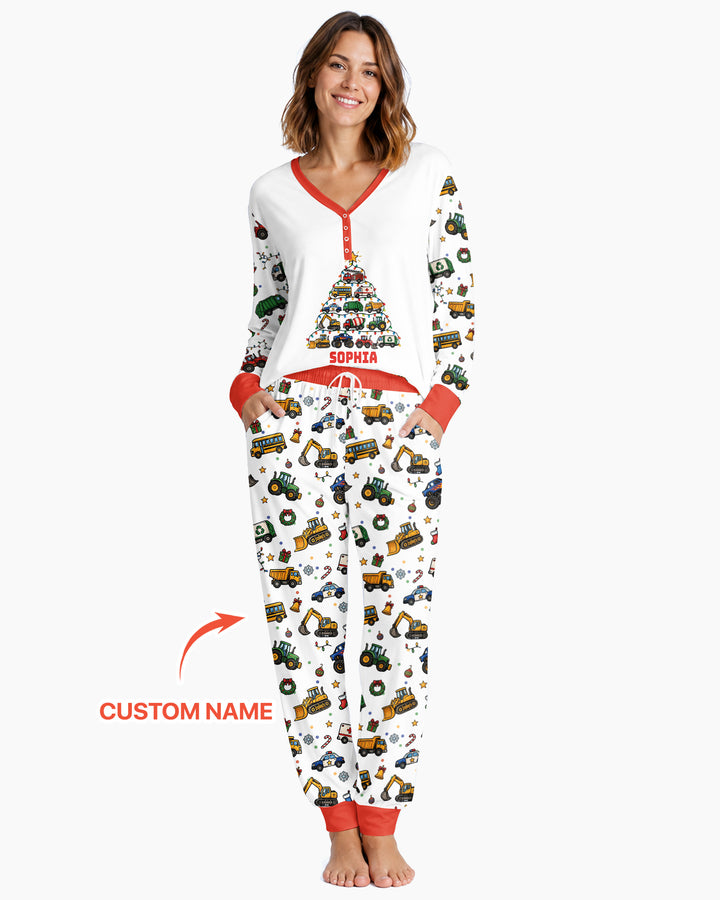 Custom Name Little Trucks Christmas Tree Bamboo Women Pajama Set