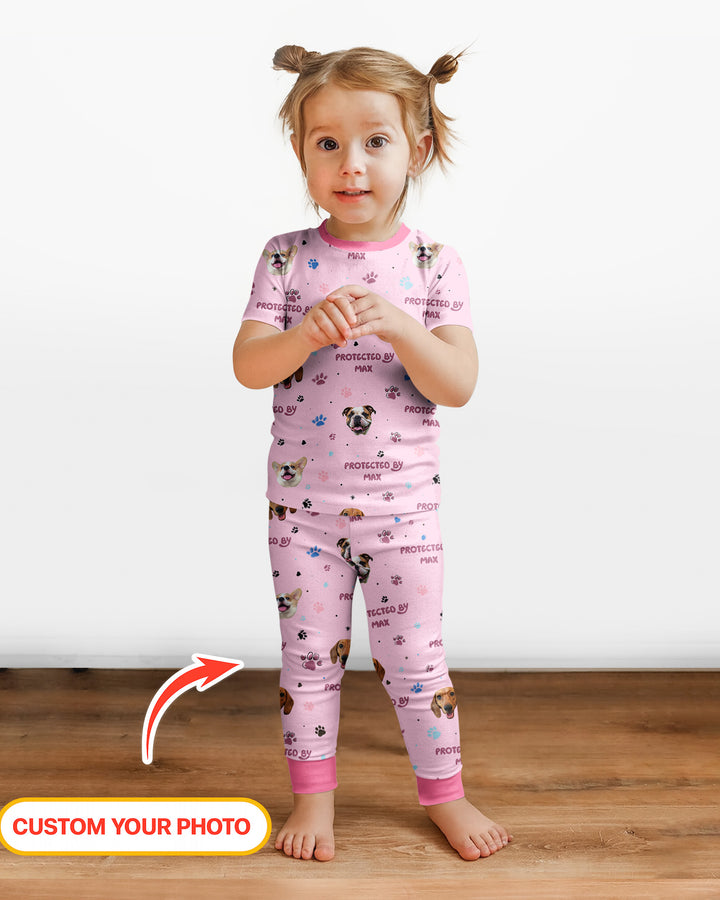 Custom Dog Photos "Protected By" Pawfect Pink Bamboo Two Piece Short Sleeve Pajama Set