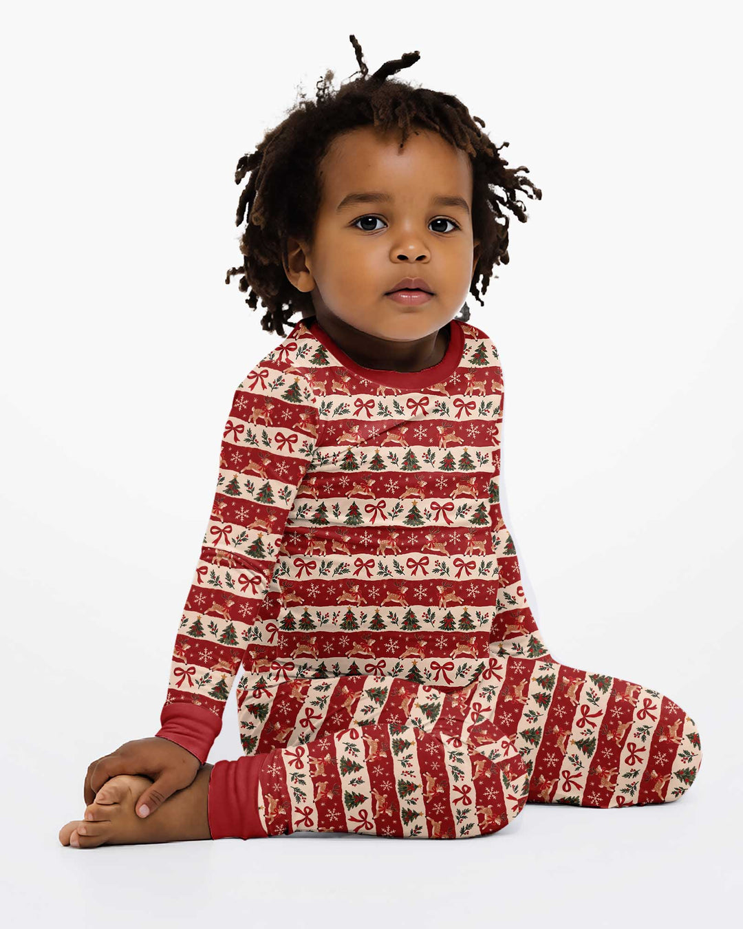 Vintage Reindeer Christmas Stripes Bamboo Two Piece Long Sleeve Pajama Set