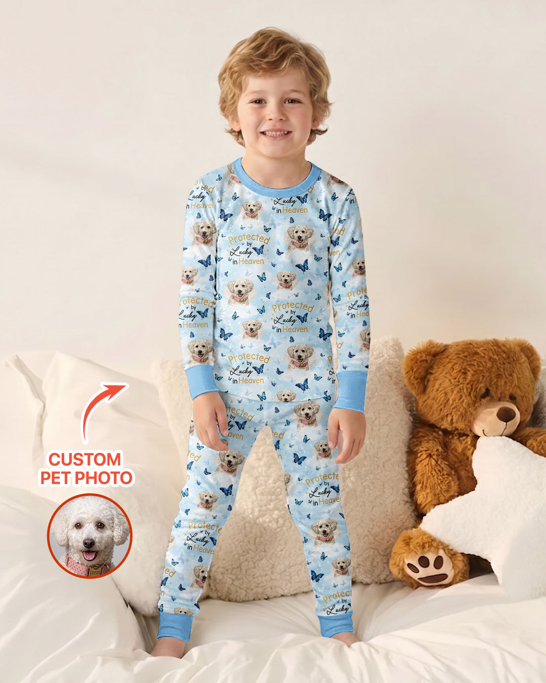 Custom Pet Photo Protected By Heaven Family Matching Bamboo Two Piece Long Sleeve Pajama Set