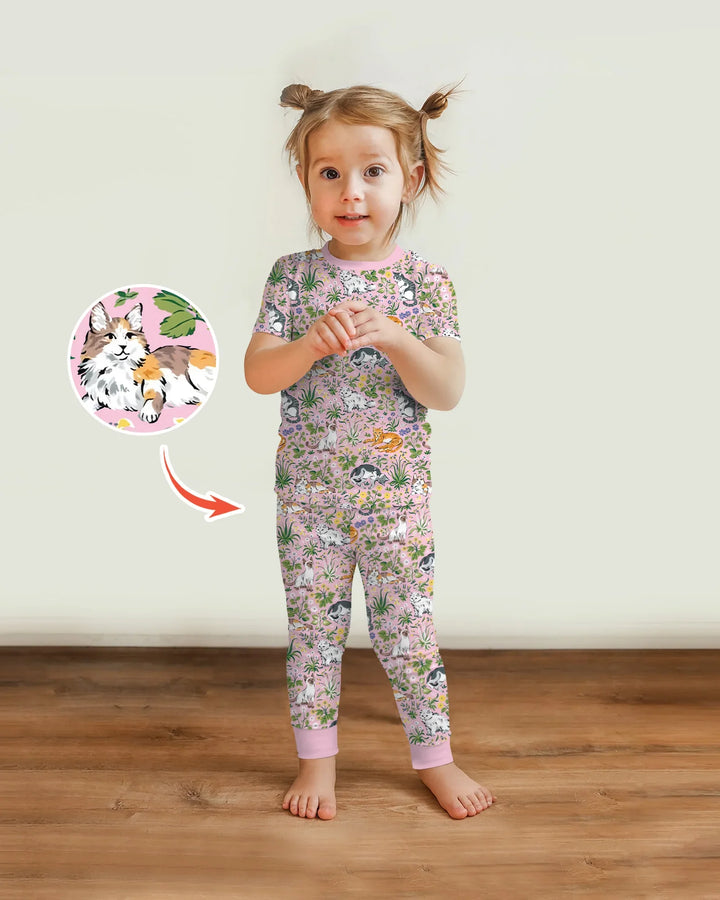 Conjunto de pijama de dos piezas de bambú de manga corta a juego para la familia Kitten Garden