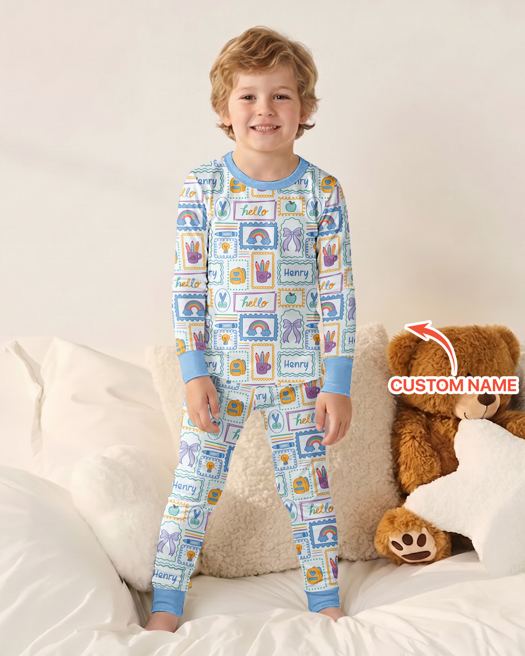 Custom Name Hello School Bamboo Two Piece Long Sleeve Pajama Set