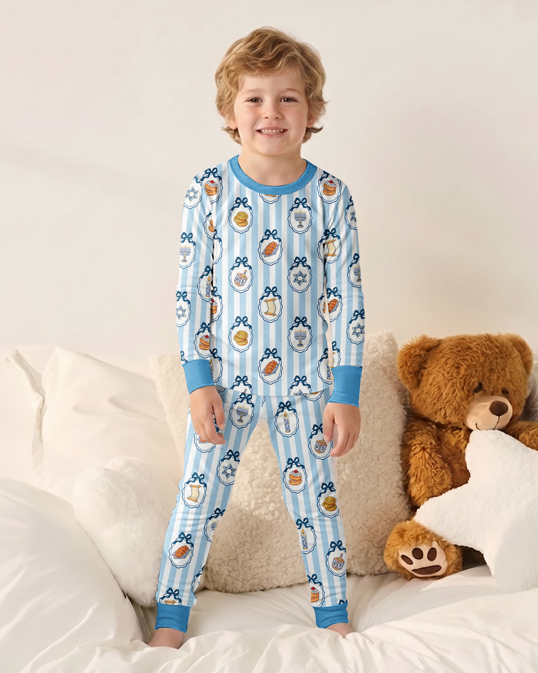 Blue White Jewish Holiday Bamboo Two Piece Long Sleeve Pajama Set
