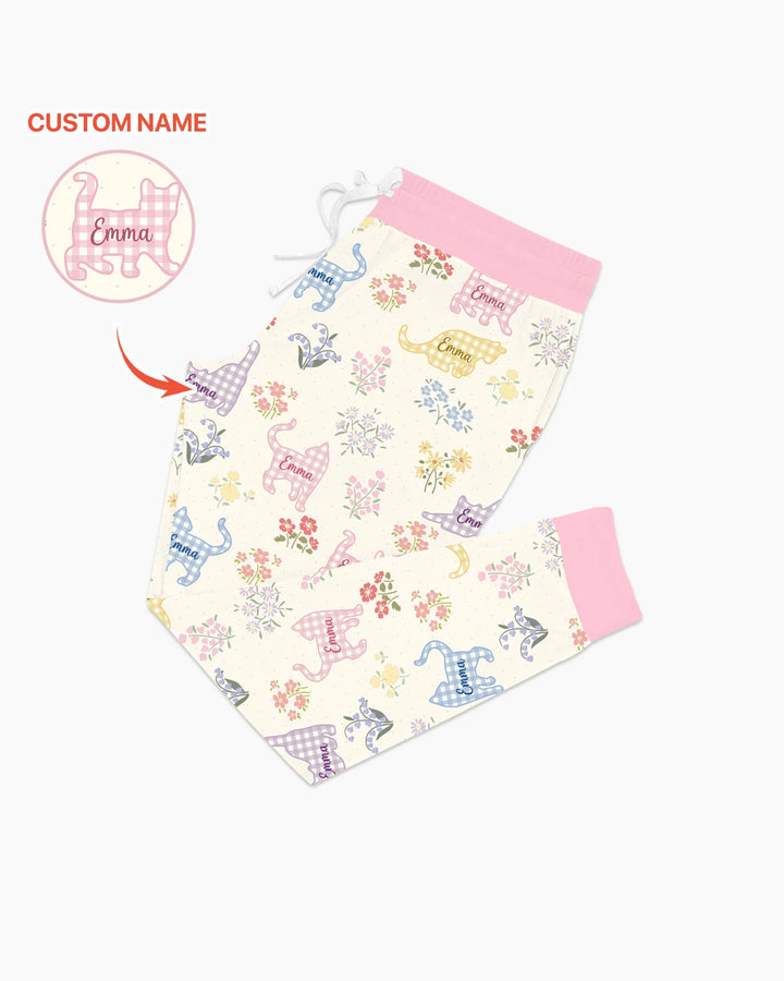 Gingham Cats Custom Name Bamboo Women Pajama Set