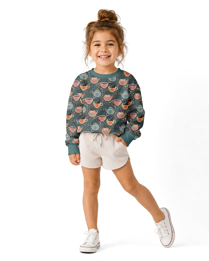 Folk Floral Black Cat Tea Party Bamboo Crewneck Sweatshirt