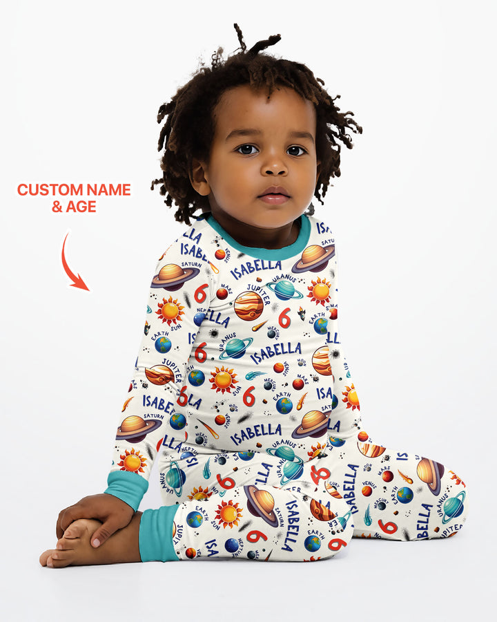 Personalized Birthday Solar System Bamboo Two Piece Long Sleeve Pajama Set