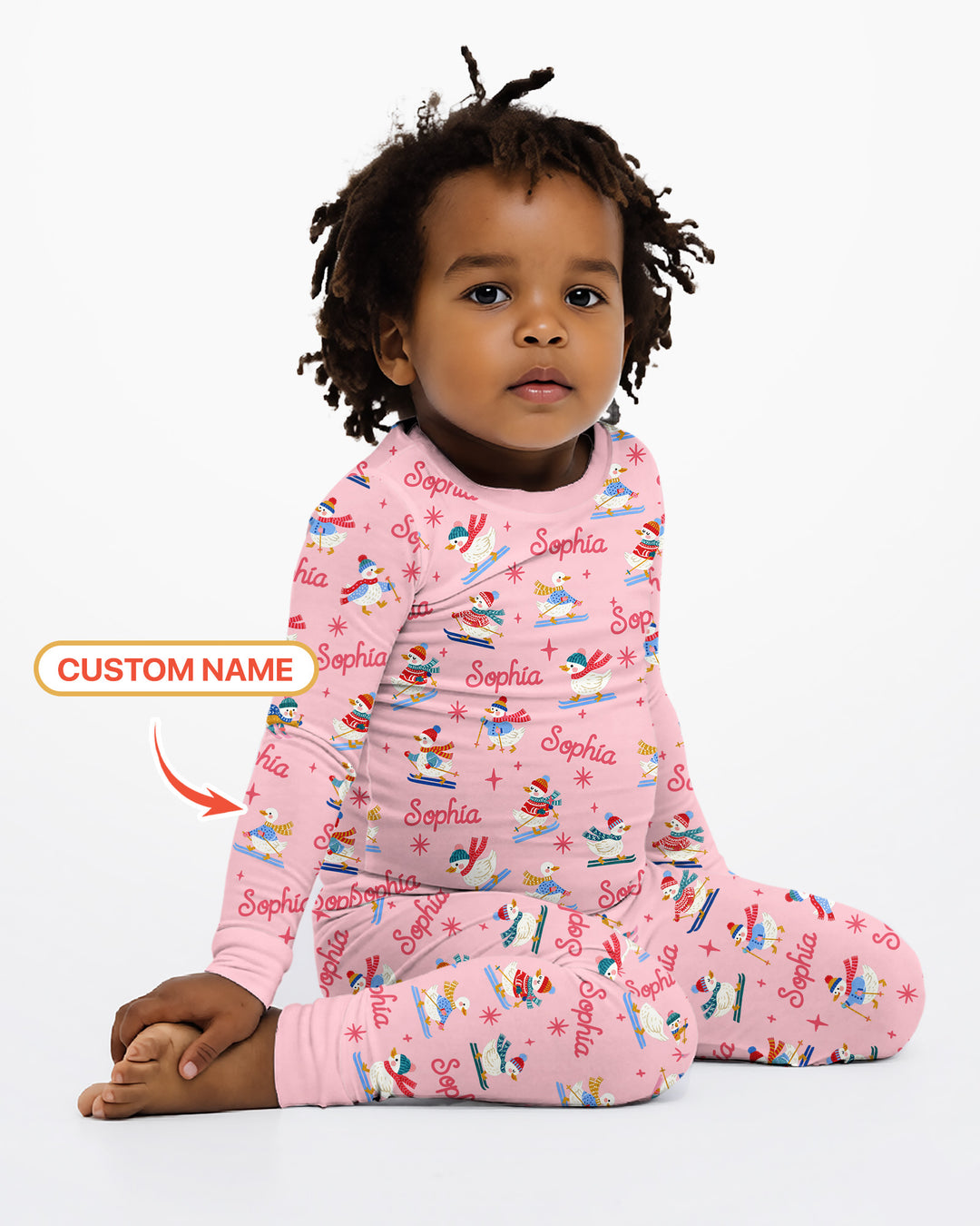 Custom Name Skiing Goose Bamboo Two Piece Long Sleeve Pajama Set