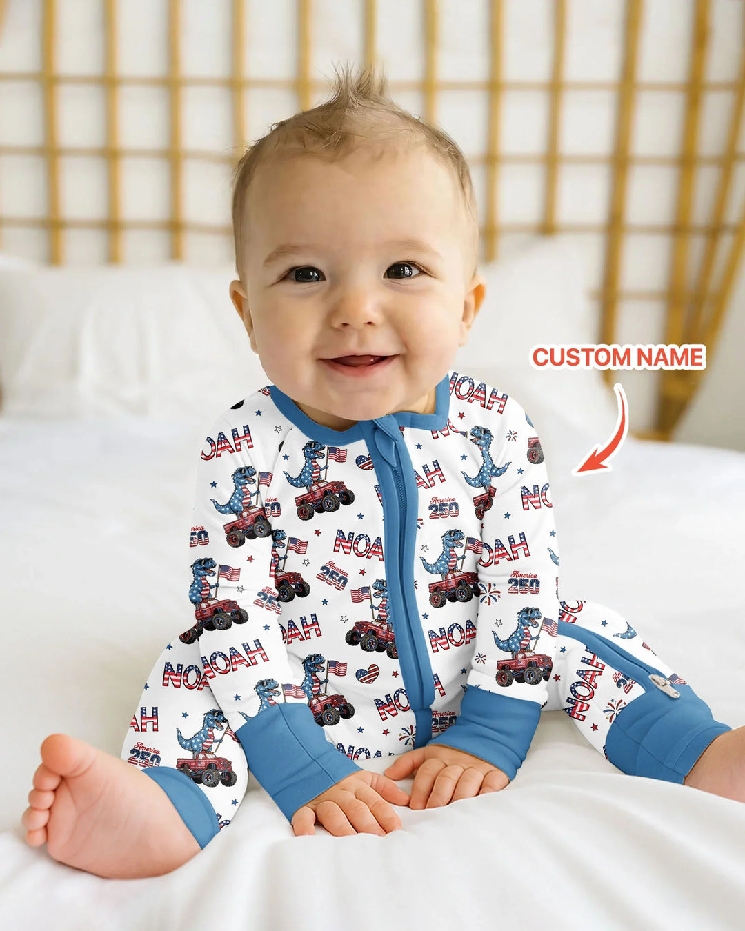 Custom Name American Flag Dinosaur Bamboo Convertible Zippy