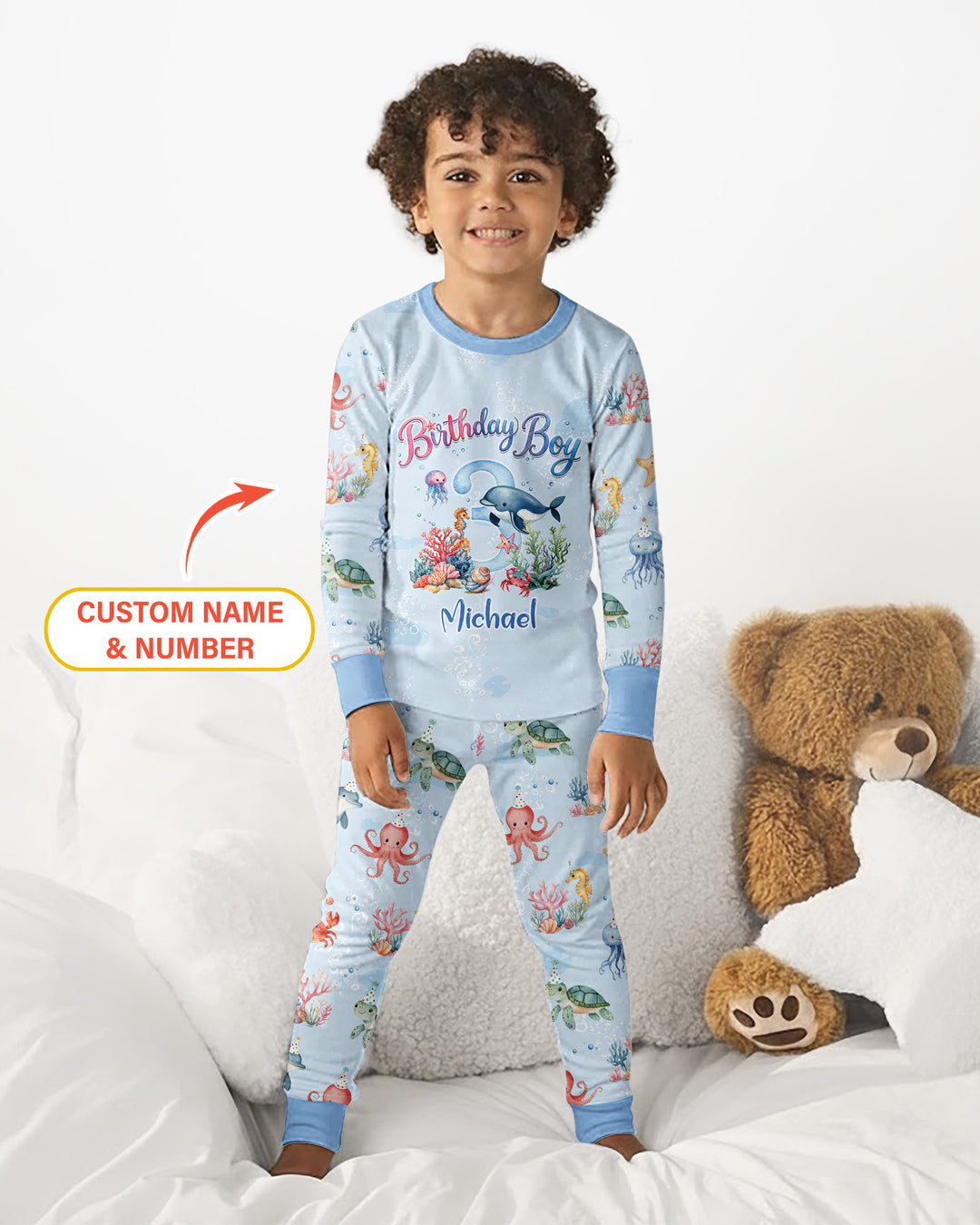 Under the Sea Birthday Custom Name & Age Bamboo Two Piece Long Sleeve Pajama Set