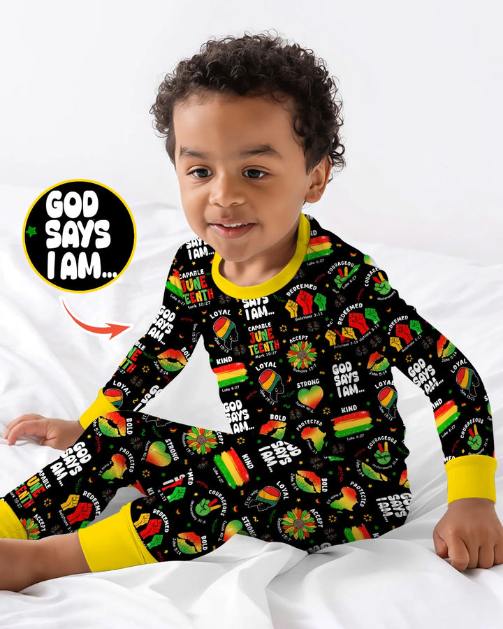 God Says I Am Juneteenth Blessings Bamboo Two Piece Long Sleeve Pajama Set
