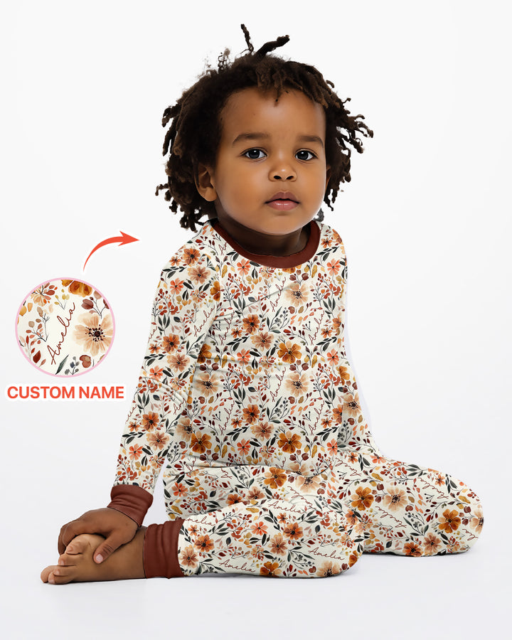 Custom Name Fall Flower Bamboo Two Piece Long Sleeve Pajama Set