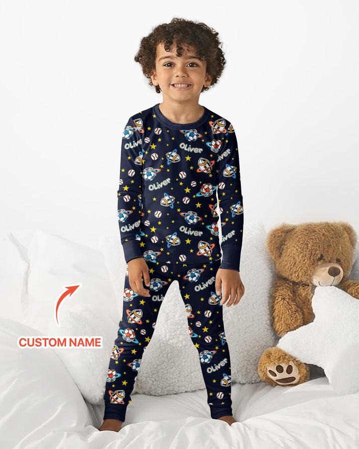 Custom Name Space Sport Bamboo Two Piece Long Sleeve Pajama Set