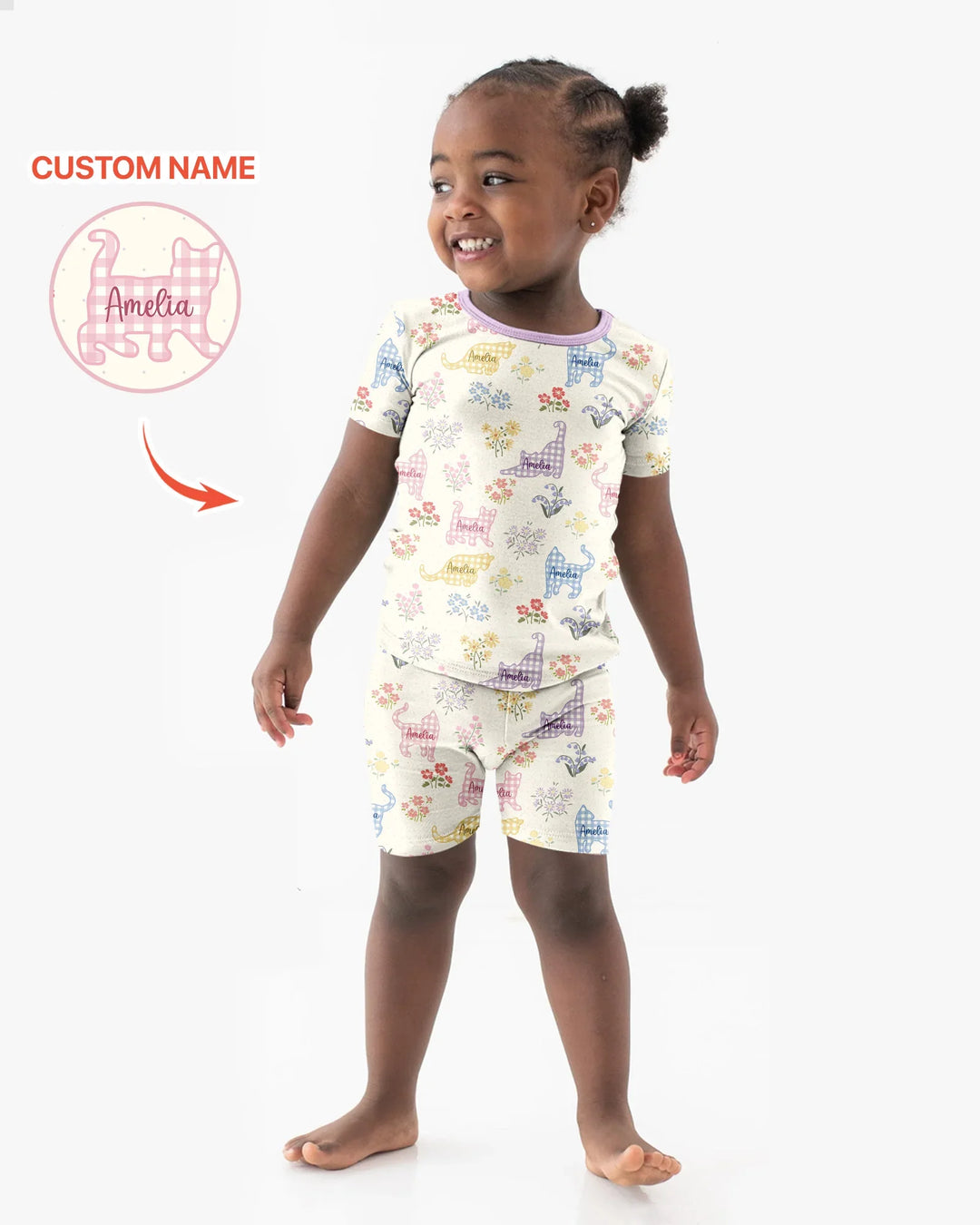 Gingham Cats Custom Name Bamboo Two Piece Short Sleeve Shorts Pajama Set