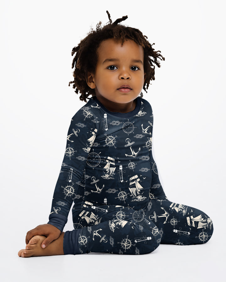 Vintage Nautical Voyage Bamboo Two Piece Long Sleeve Pajama Set